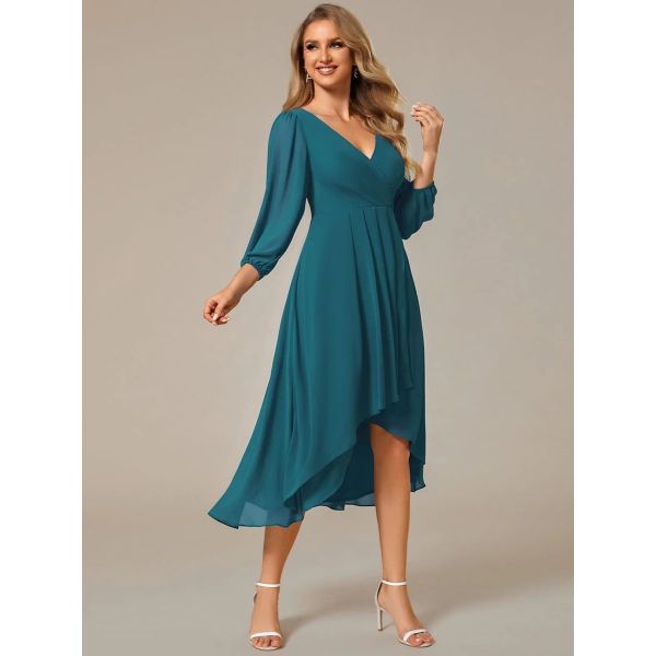 Elegant Empire Long Sleeve V-neck High Low A-line Ruffled Midi Teal Chiffon Wedding Guest Prom Dress