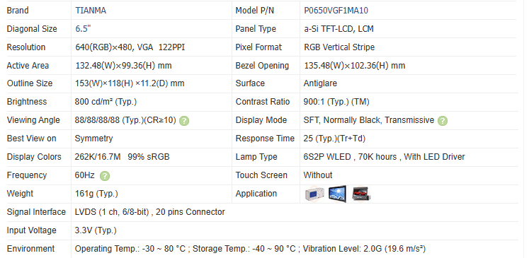 6.5Inch 640×480 VGA High Brightness Monitors 800Nits P0650VGF1MA10
