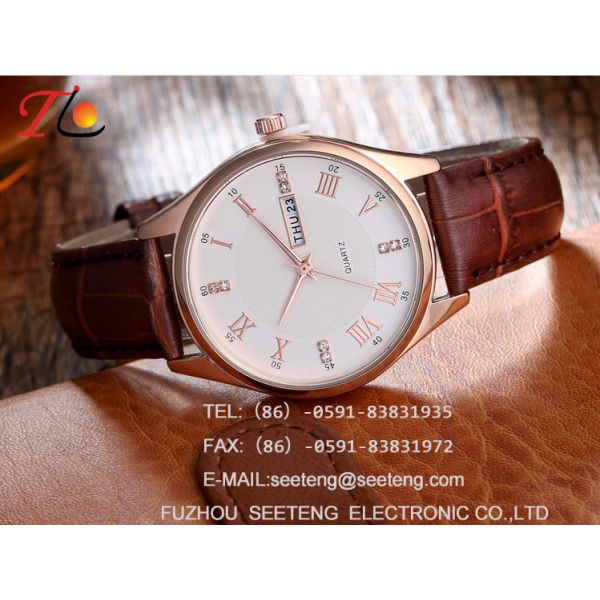 Brand high quality Men's analog watch with stainless steel case and pu leather band