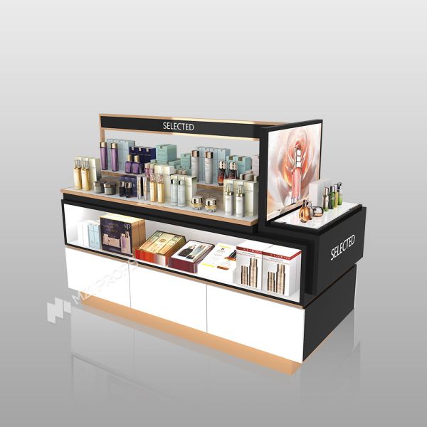 Beauty Shop Rack Platinum Wooden Display Stand With Light Box For Branding Store