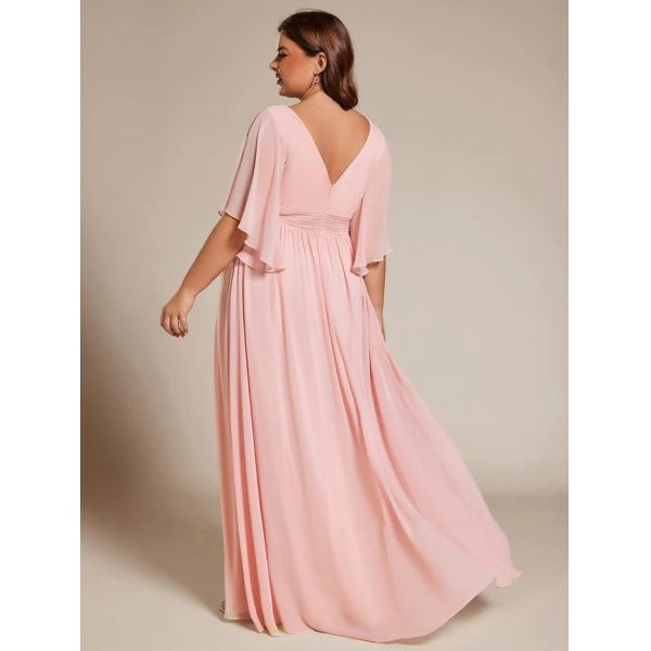 Empire Plus Size V-neck Ruffled A-line Invisible Zipper Half Flutter Sleeves Purple Orchid Chiffon Evening Dress