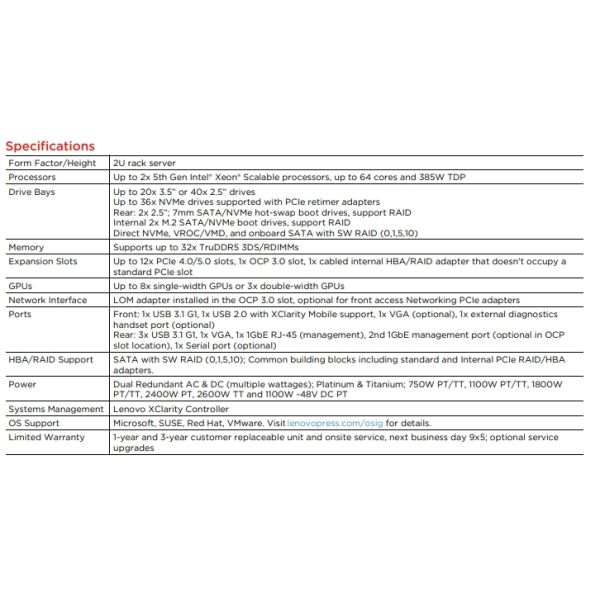 Lenovo ThinkSystem SR650 V3 2U Rack Server with 5th Gen Intel Xeon