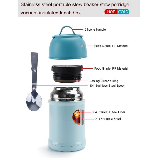 700ml Metal Custom Stainless Steel Vacuum Food Container With Foldable Ss Spoon