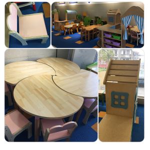 HaiXun Kindergarten Classroom Furniture Table And Chairs Rounded Edge