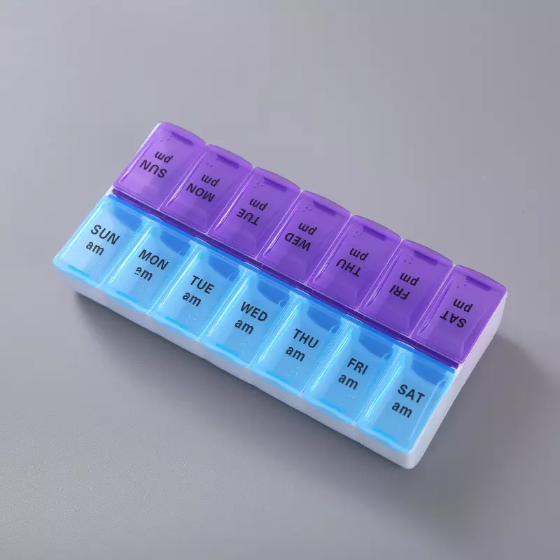 Wholesale Food Grade Plastic 7 day and night travel outdoor portable weekly medicine box 14 compartments pill case