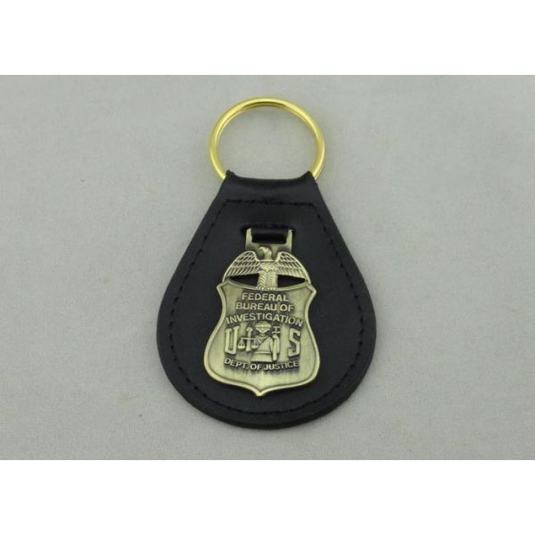 Buy Die Stamping Personalized Leather Keychains With 3D Antique Brass Emblem at wholesale prices