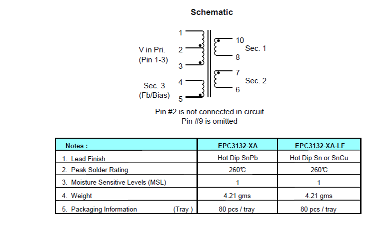 Offline Power SMPS Flyback Transformer EPC3132-1/2/3/4/5/6/7/8A & EPC3132-XA-LF