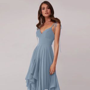 New Style V-neck Dusty Blue Chiffon Tiered A-line Bridesmaid Dress Zipper