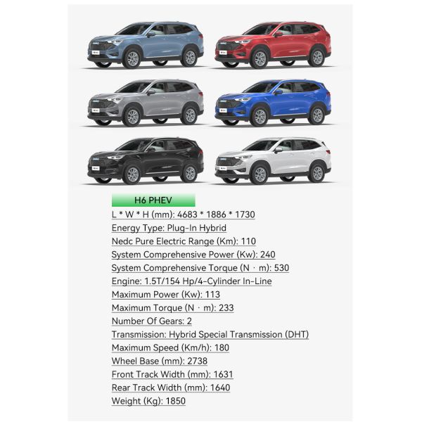 180Km/h Maximum Power 113Kw Plug-In Hybrid 2023 Haval H6 Dht-phev Energy Left Hand Drive Electric Utility Vehicle