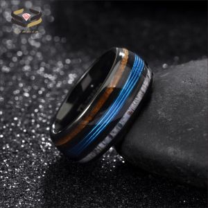 8mm Black Deer Antler Tungsten Ring Inlayed With Blue Fishing And Whiskey Barrel