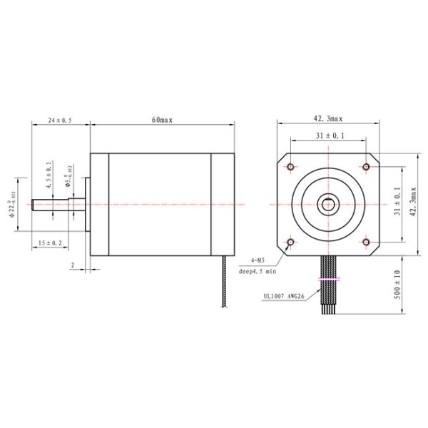 17HS24-0644S NEMA 17 FOUR-PHASE 1.8° 42 STEPPER MOTOR 60MM BODY 0.64A TEXTILE MACHINE