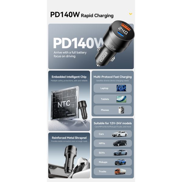 ESSAGER ES-CC19 Series 140W Car Phone Charger The Essential Car Charger with FCP Function