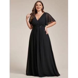 Quality Empire Plus Size Applique Short Sleeve A-line V-neck Flutter Sleeves Invisible Zipper Black Chiffon Evening Dress for sale