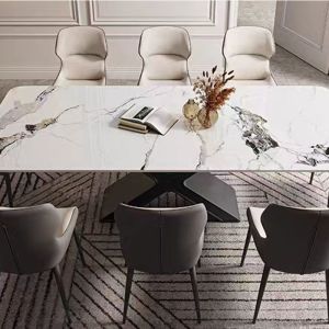 Timeless White Marble Ceramic Dining Table , X Shape Steel Base Dining Table