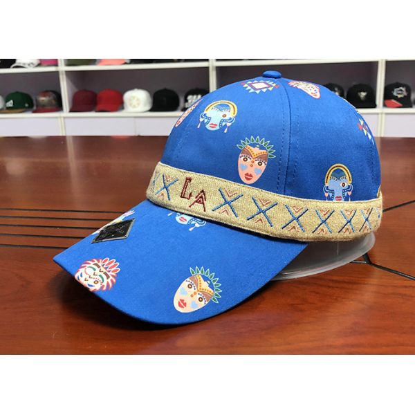 Durable 100% Polyester Printed Baseball Caps 6 panel With Woven Band