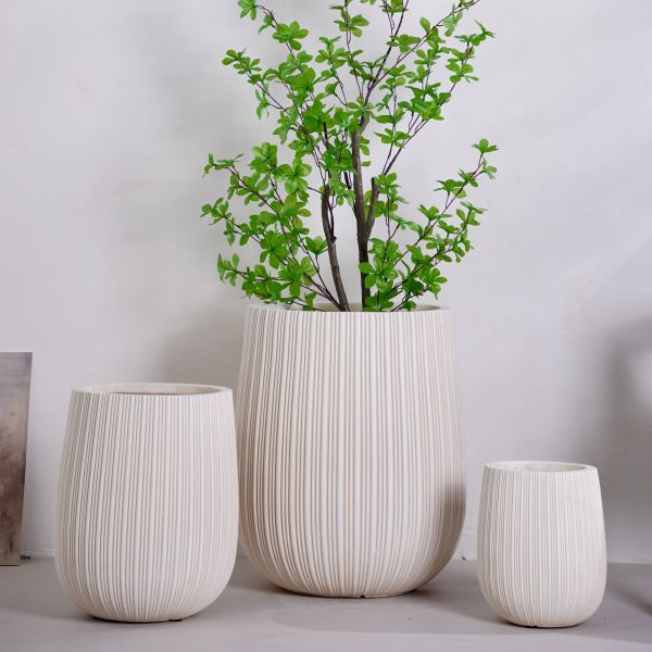 Vertical Lines Pattern Neutral Beige Round Fiber Clay Planter Custom Color