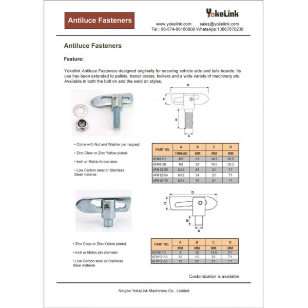 M12 Zinc plate Bolt on type Antiluce Fasteners for Trailer and tailgates