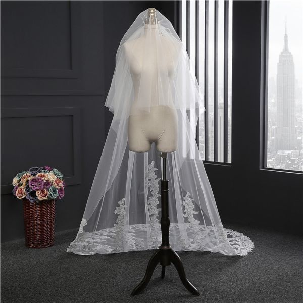 New Styles Customized Two Layers Appliqued Lace 3.5m*1.8m Tulle Bridal Wedding White Veil With Hair Comb