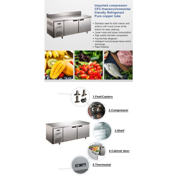 Kitchen Commercial Under Counter Refrigerator Workbench Stainless Steel 2 Door Horizontal Deep Refrigerated Workstation