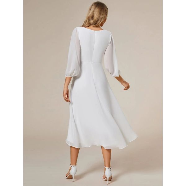 Elegant Empire Long Sleeve V-neck High Low A-line Ruffled Midi White Chiffon Wedding Guest Graduation Dress