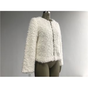 Short Milk Ladies Faux Fur Coats With Collarless and Metal Zip Through