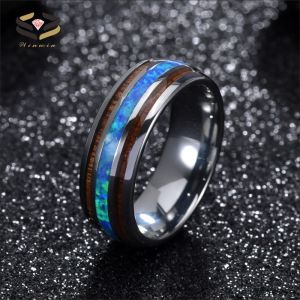 China Silver Black Tungsten Carbide Wedding Ring 8mm With Koa Wood And Blue Opal Inlay on sale