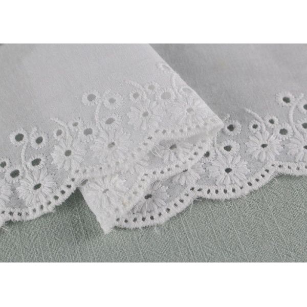 White Eyelet Cotton Lace Trim , Scalloped Floral Lace Ribbon For Wedding Dress