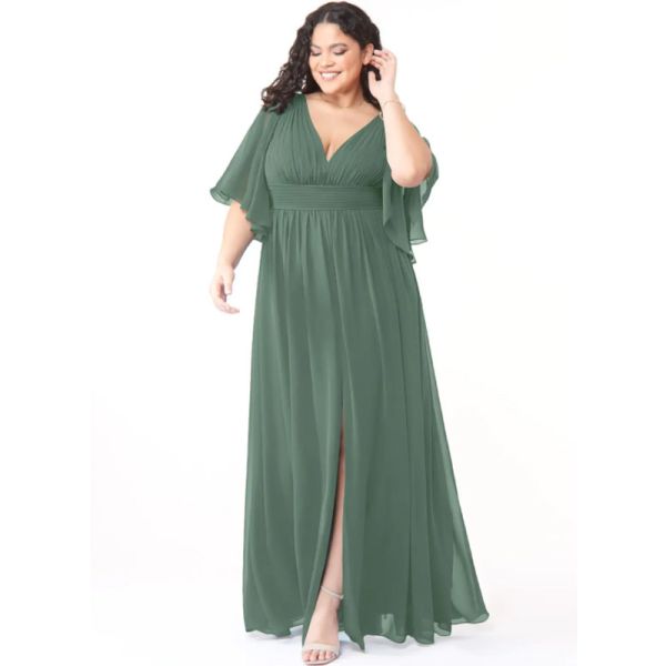 Elegant Wholesale Ruched Chiffon Long Bridesmaid Dress Short Cap Sleeves V-Neck Ruched Front Split Slit Floor-Length