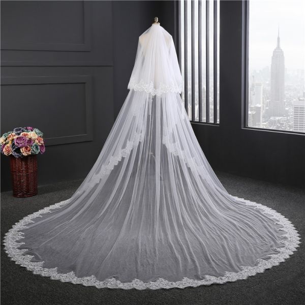 Unique Customized 3.5m*3m Wholesale Long Cathedral Appliqued Lace Two Layers Tulle Bridal Wedding White Veil With Hair C