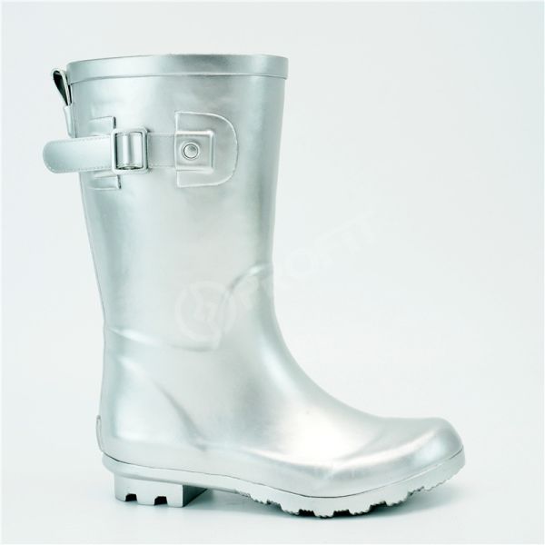 Buy Silver Shiny Anti Skidding Waterproof Rubber Rain Boots Mid Calf at wholesale prices