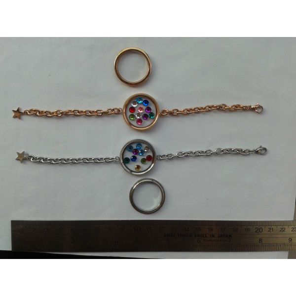 Ladies 316L Stainless Steel Rose Gold Fashion Round Floating Glass Locket Bracelets