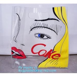 China eco friendly Clear PVC soft loop handle plastic bag, PVC material gusset handle hard plastic shopping bags, die cut hand on sale