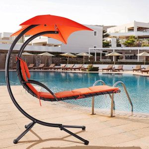 Upgrade Your Patio Modern Metal Stand Hammock Swing Chair with Cushion and Sun