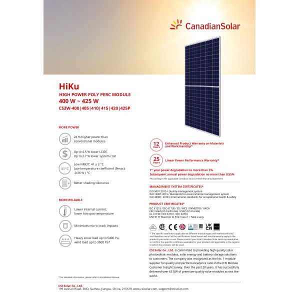 Buy CANADIAN Polycrystalline Solar Panel 420W 405W at wholesale prices