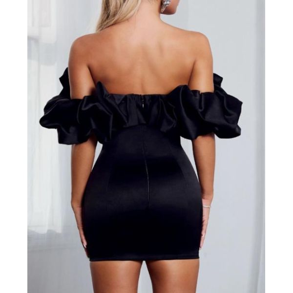 Solid Color Tube Top Puff Off Shoulder Slim Dress