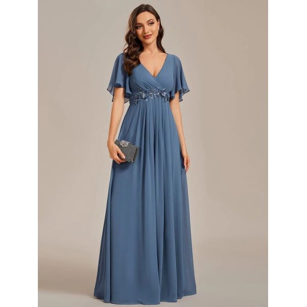 Sexy Empire Applique A-line Short Flutter Sleeves V-neck Invisible Zipper Dusty Navy Chiffon Prom Dress
