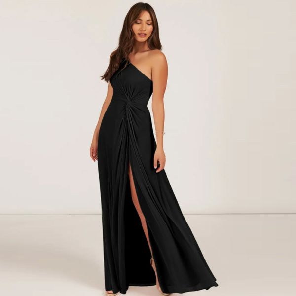Manufacturer OEM Black Chiffon Bridesmaid Dress One-Shoulder Sleeveless A-Line Front Split Slit Sleeveless Pleated
