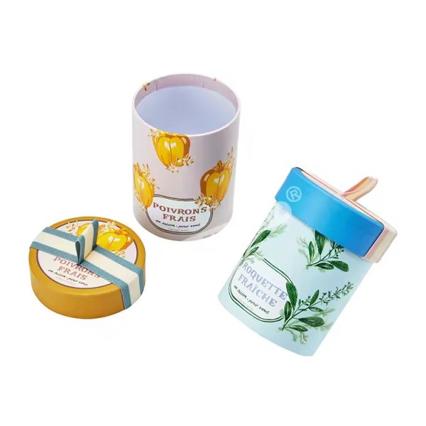 Cylinder Rigid Paper Tube With Ribbon Pull Lid Custom Flat Edge Box For Candle