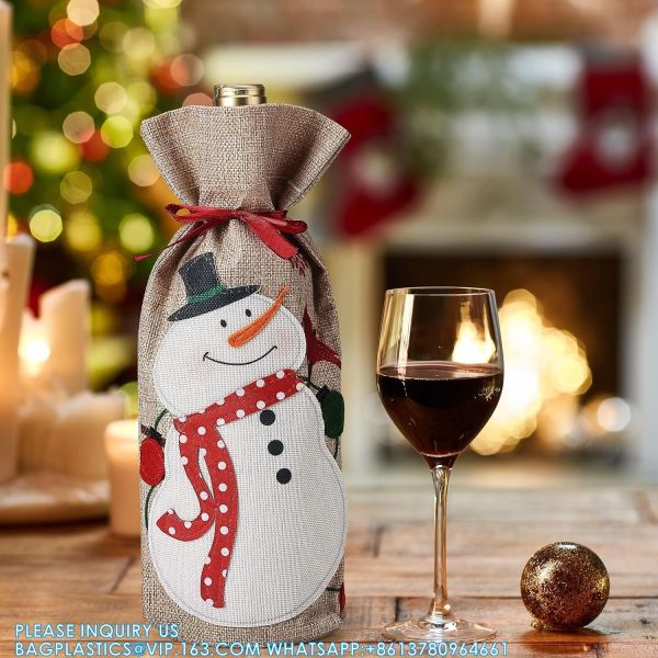 Christmas Wine Bags, Wine Bottles Gifts, Burlap Wine Drawstring Bags Holiday Burlap Wine Bags, Bottle Cover