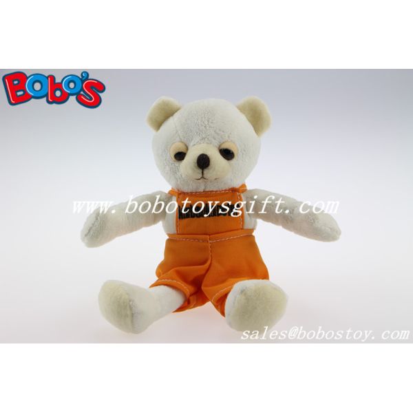 Buy 6"White soft plush baby bear with orange overalls at wholesale prices