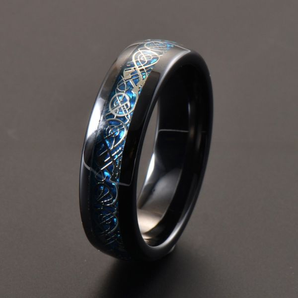 Dome Black Ceramic Wedding Band 6mm Blue Carbon Fiber And Dragon Inlayed Polished