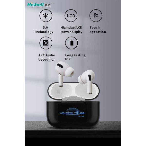 White ABS TWS True Wireless Stereo Earbuds With Display Screen Air3