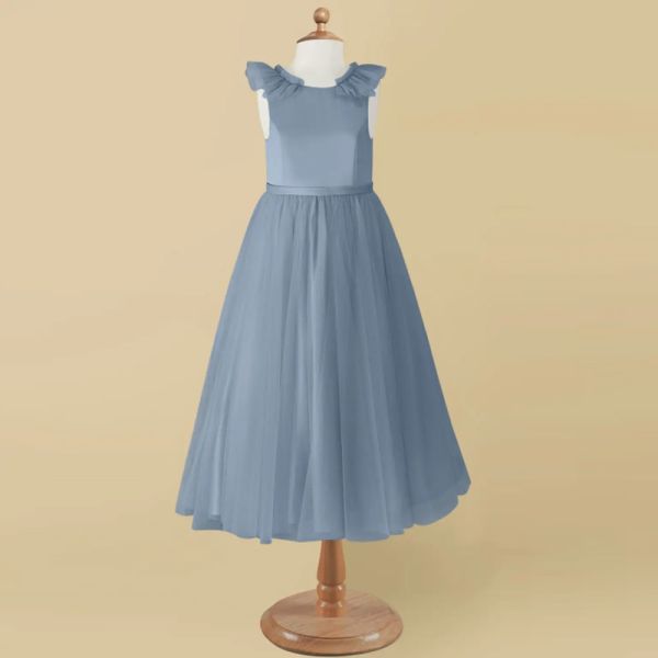 Popular Girl Kids Dress Blue Tulle OEM ODM Baby Flower Girl Dresses Sleeveless Round Neckline Ruffles Ball Gown Retailer