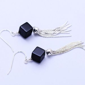 Square Black Onyx 925 Silver Tassels Drop Earrings(XH057072W)