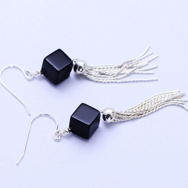 Square Black Onyx 925 Silver Tassels Drop Earrings(XH057072W)