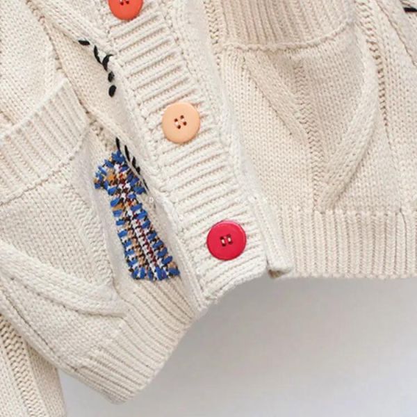 Designer Women Chunky Sweater Cardigan Autumn Winter Drop Shoulder Button Front Embroidery Loose Knit Cardigan Sweater Coat