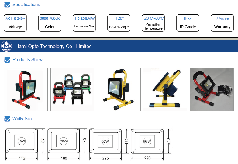 CE certified IP65 Bridgelux COB outdoor Portable rechargeable led flood light 10W 20W factory