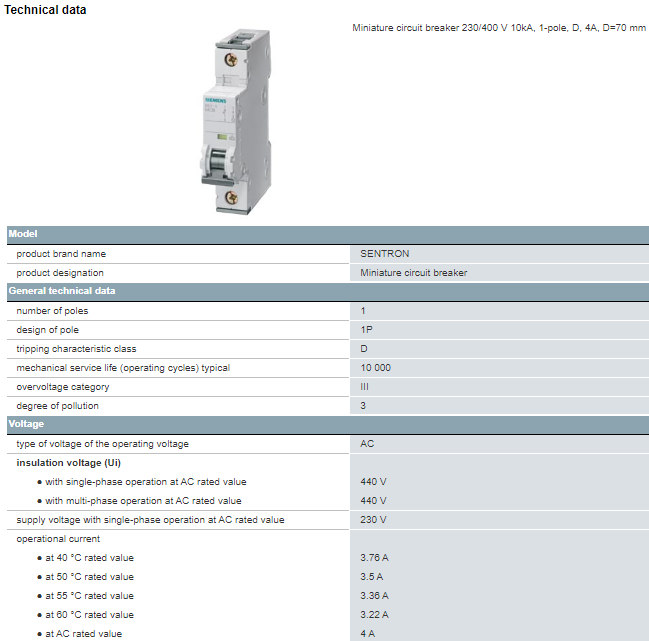 5SY4104-8 Siemens D Miniature Circuit Breaker 4A 1P MCB 72V DC 230V AC 5SY4 Series