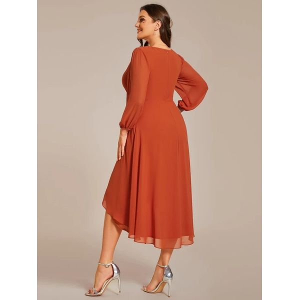 Plus Size Ruffled A-line Long Sleeve V-neck High Low Wedding Guest Burnt Orange Chiffon Homecoming Dress