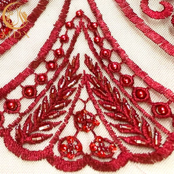 Red 3D Beaded Lace Fabric Handmade Embroidery With Sequins